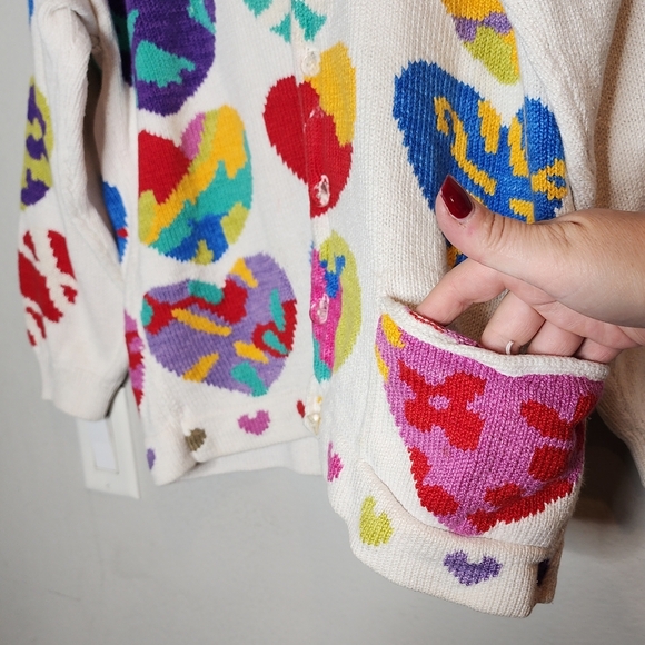 Vintage Christine Foley Heart Multi White knit button cardigan size 1 medium - Picture 14 of 16